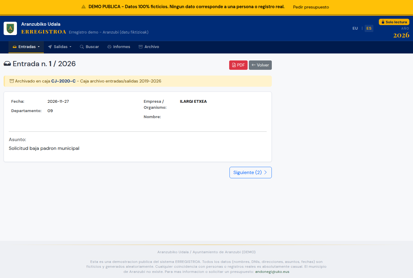 Ficha de un registro de entrada