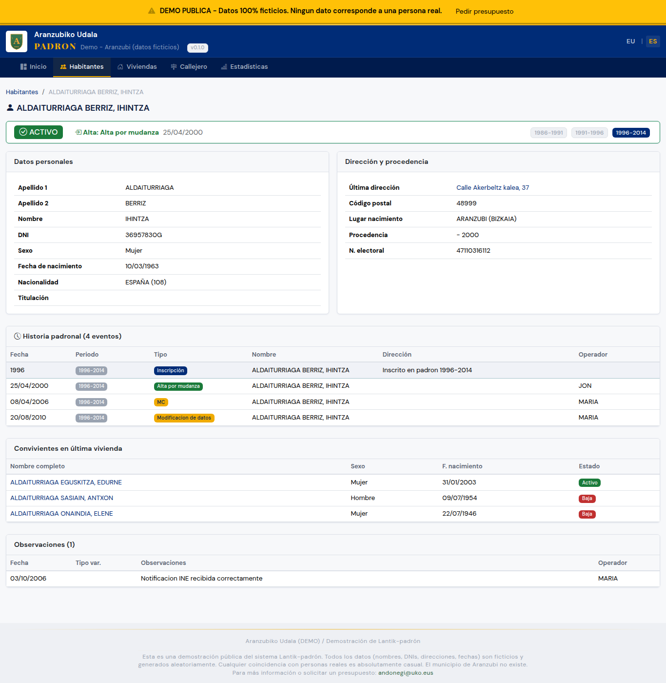 Ficha de habitante con timeline